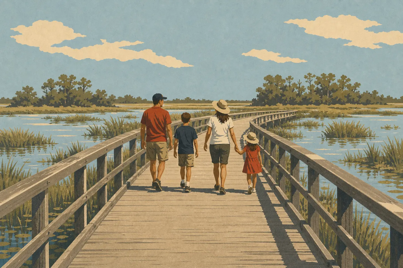 Illustration sérigraphiée : Famille marchant sur la passerelle accessible de l’Anhinga Trail au-dessus du marais de Royal Palm