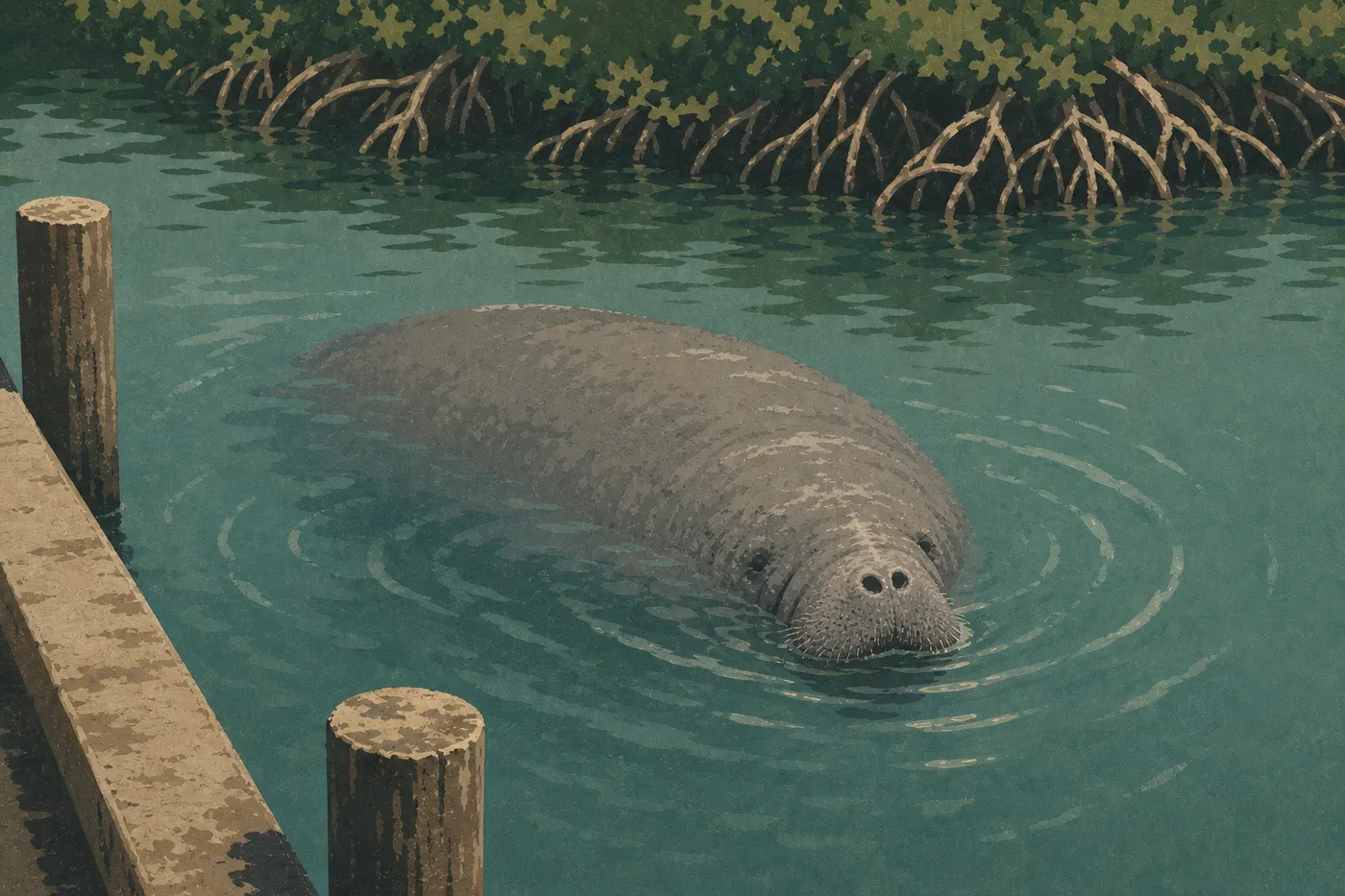 Screen-printed illustration: A West Indian manatee surfaces in the calm waters of Flamingo Marina near the mangroves.