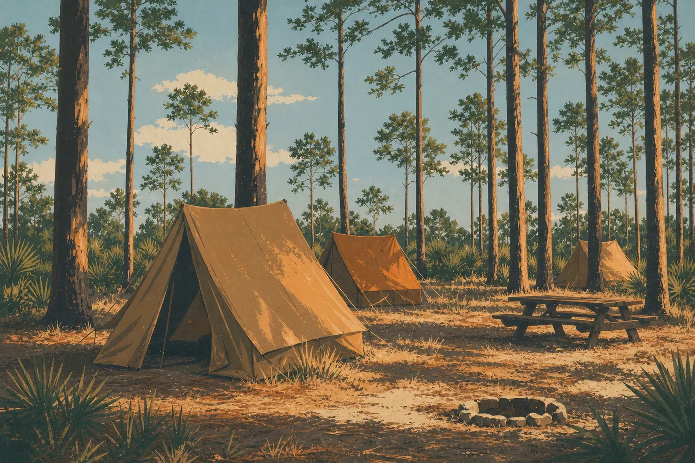 Illustration sérigraphiée : Tentes sous les pins du Long Pine Key Campground, dans la lumière chaude d’un soir de saison sèche
