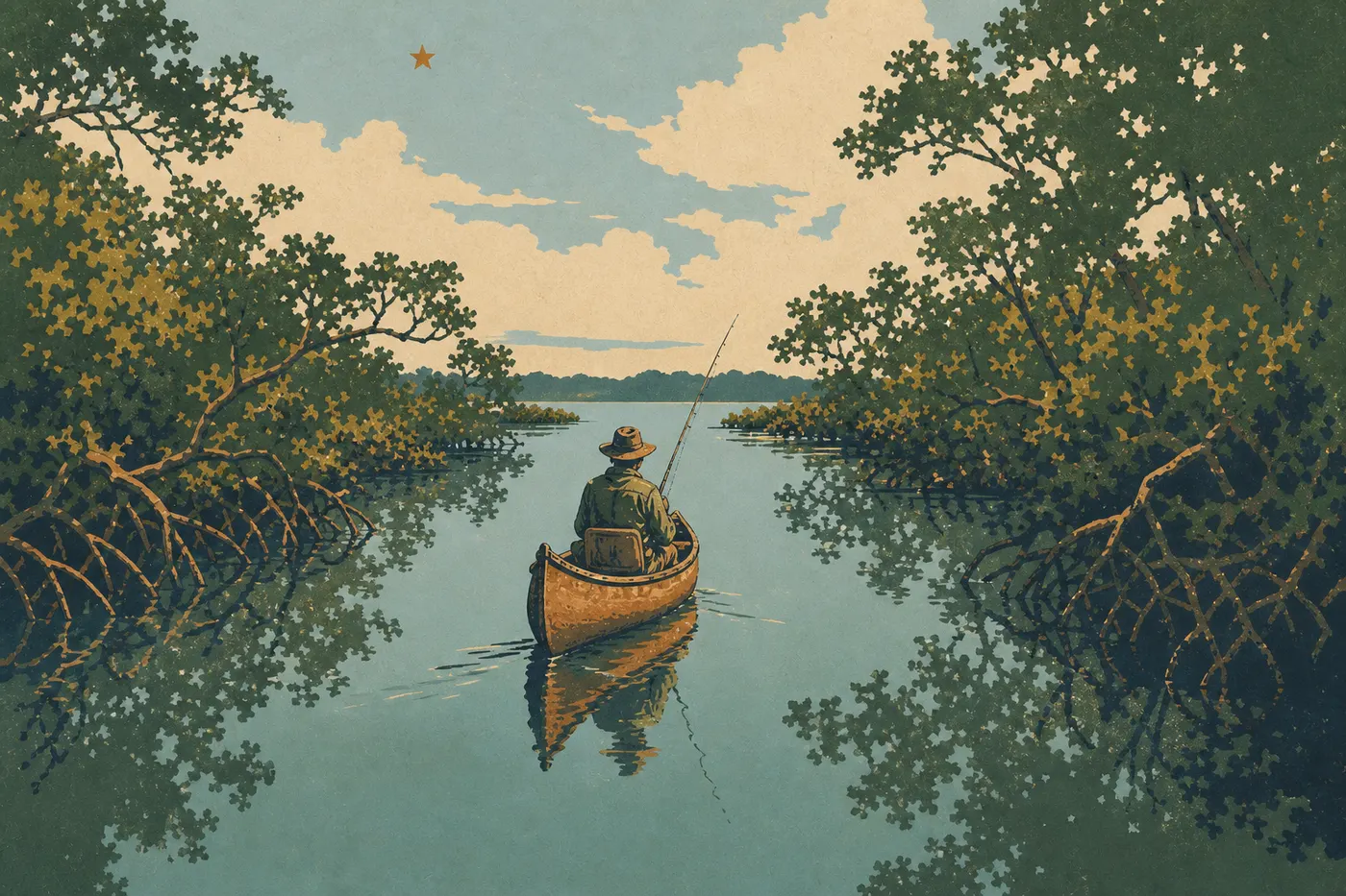 Illustration sérigraphiée : Canoë et pêcheur progressant entre les mangroves de Nine Mile Pond sur une eau parfaitement calme