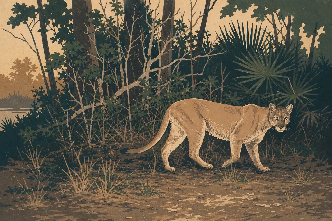 Screen-printed illustration: Florida panther moving through a wet pine forest typical of the Everglades at dawn.