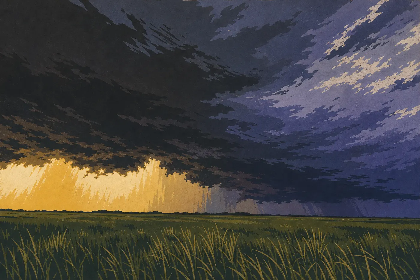Illustration sérigraphiée : Orage estival sombre dominant une vaste prairie de sawgrass inondée pendant la saison humide