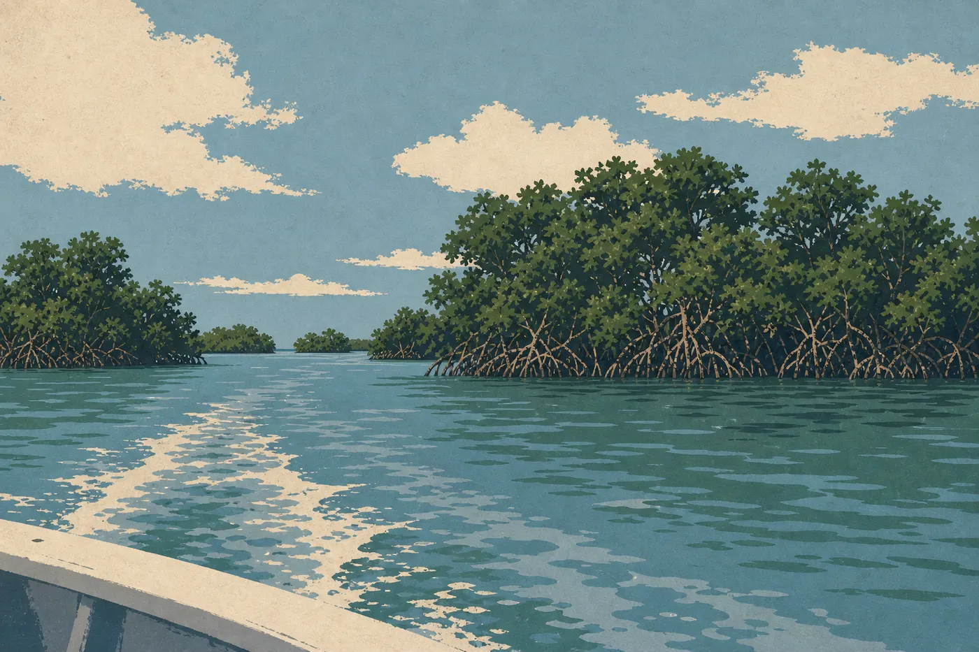 Illustration sérigraphiée : Îlots de mangrove des Ten Thousand Islands vus depuis une embarcation quittant Everglades City