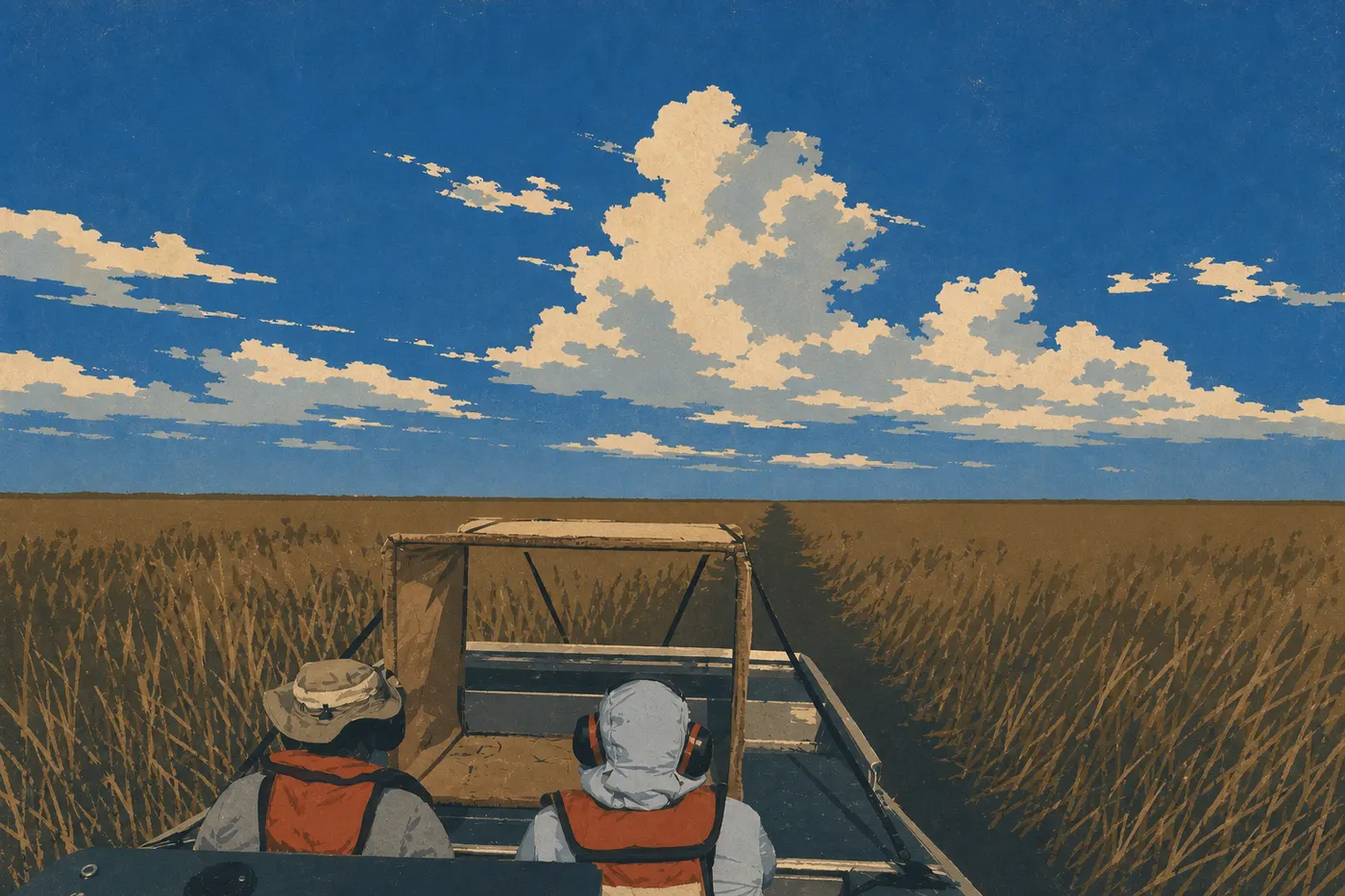 Screen-printed illustration: Early May convective clouds rising above still-golden sawgrass and returning waters