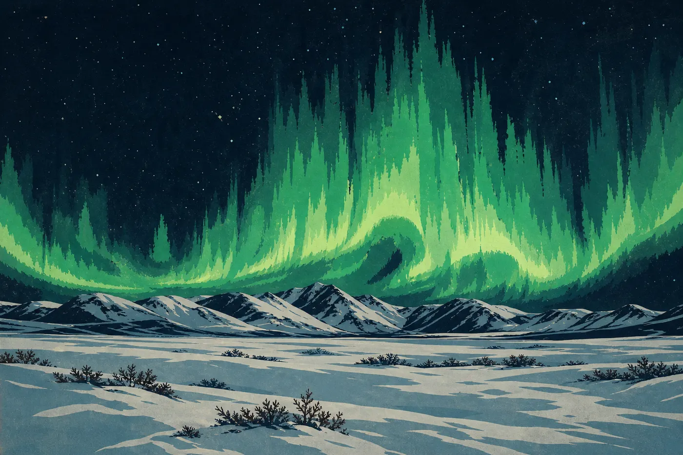 Illustration sérigraphiée : Aurores boréales et nuit polaire