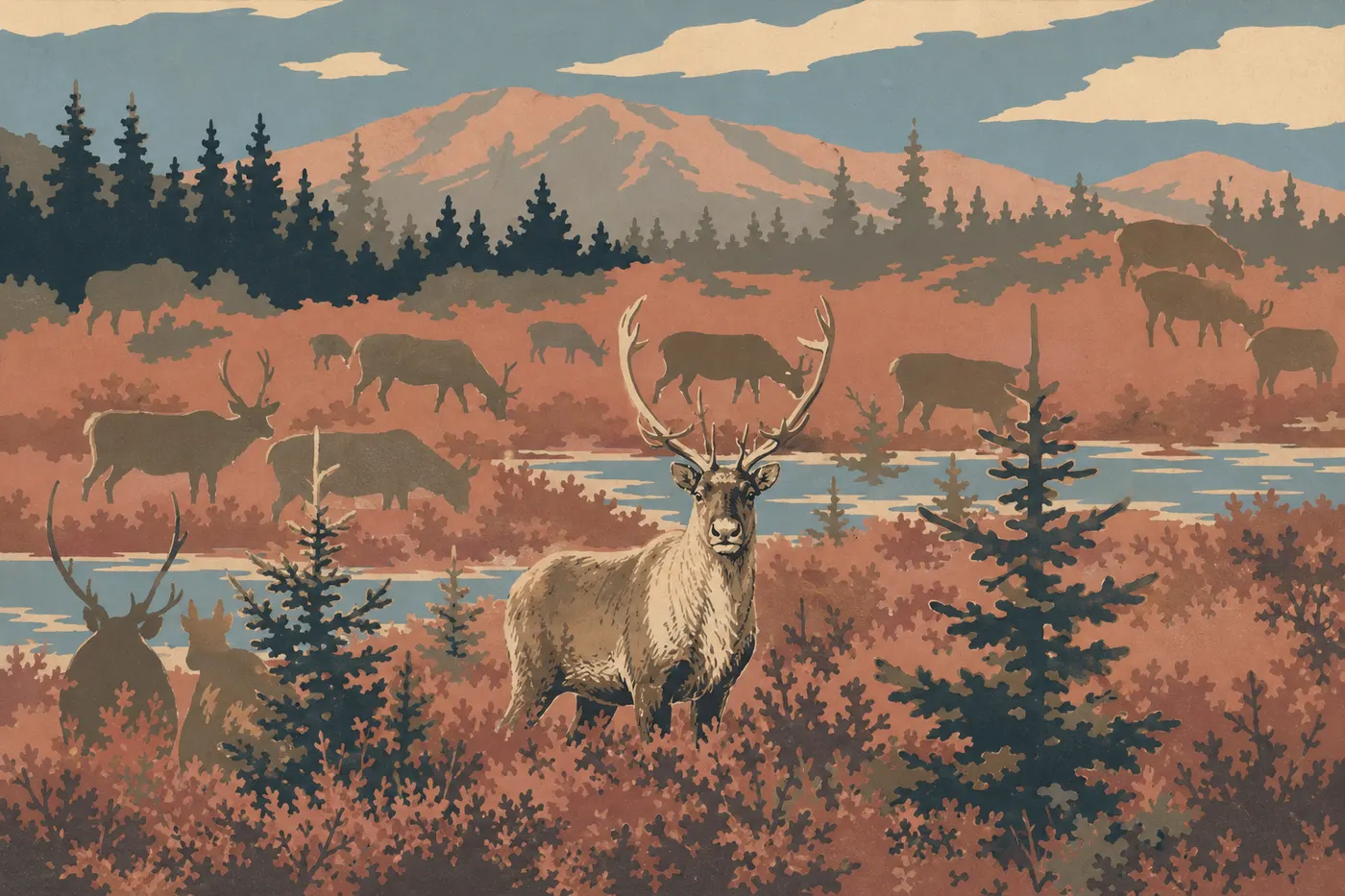 Illustration sérigraphiée : Le caribou : migration spectaculaire sur la toundra