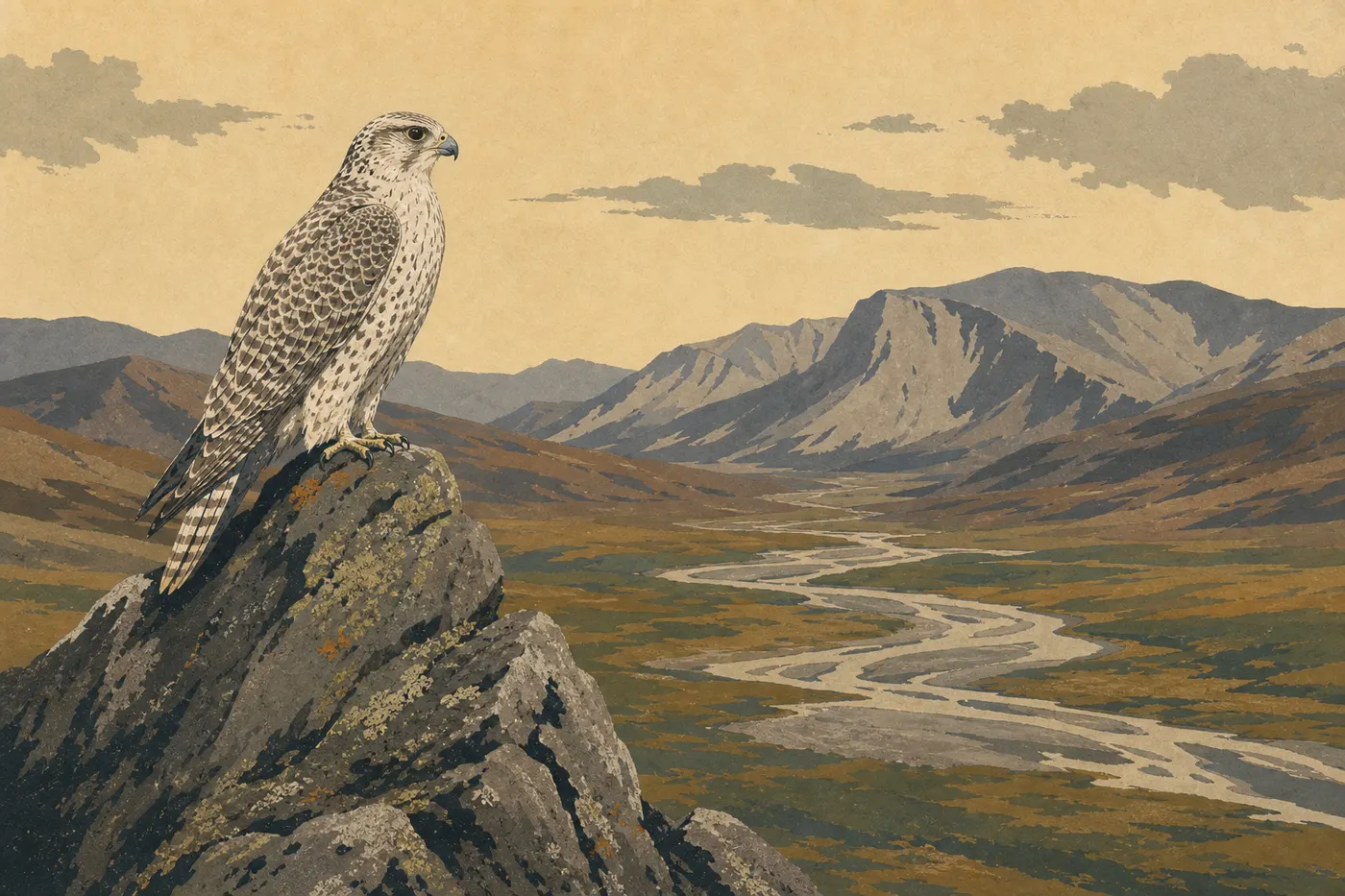Illustration sérigraphiée : Le gerfaut : plus grand faucon du monde au-dessus de l'Arctique