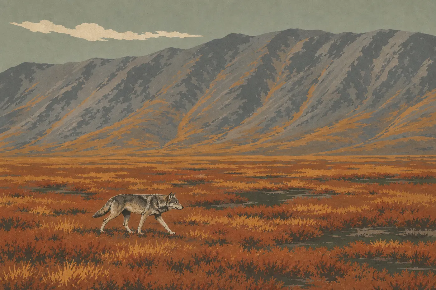 Illustration sérigraphiée : Le loup gris : fantôme de la toundra