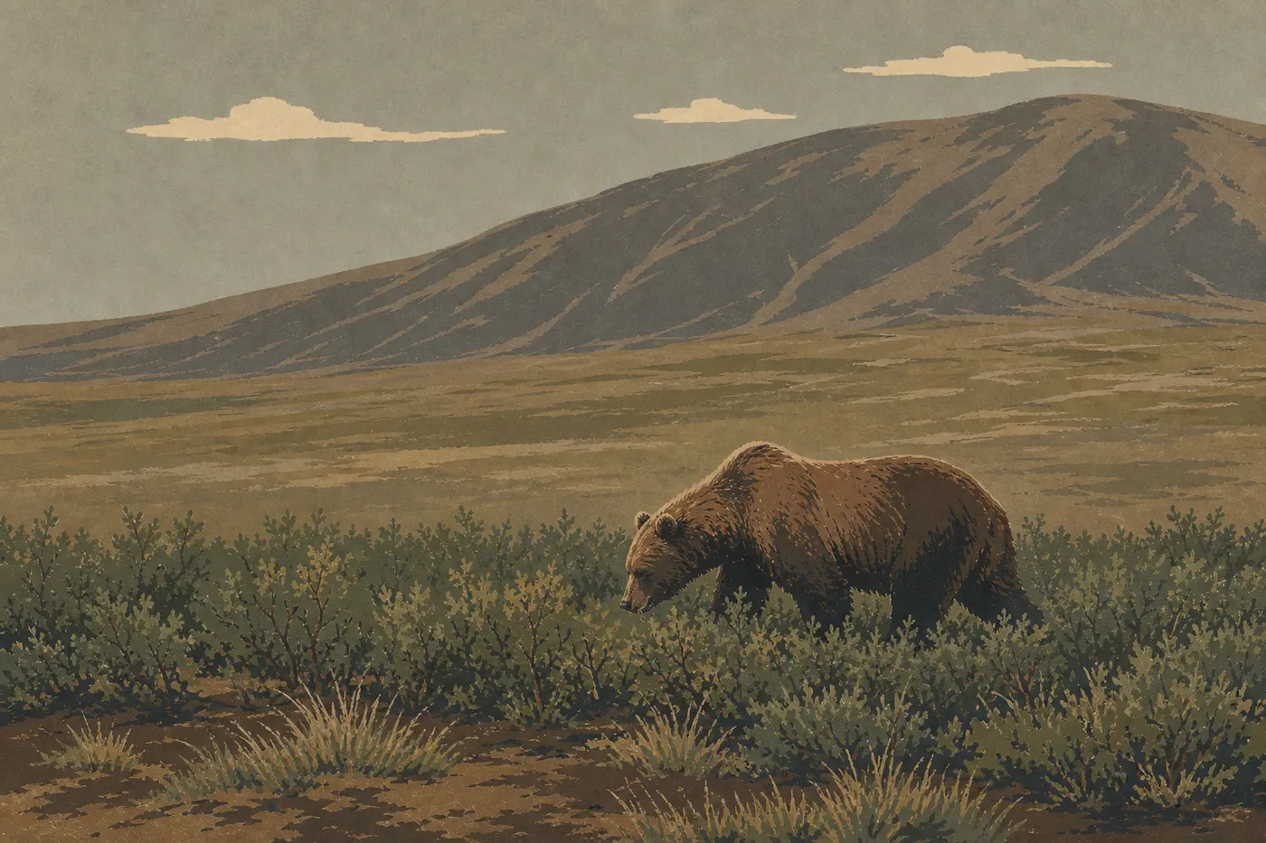 Screen-printed illustration: Brown Bears (Grizzlies): The Omnivores That Set the Rules