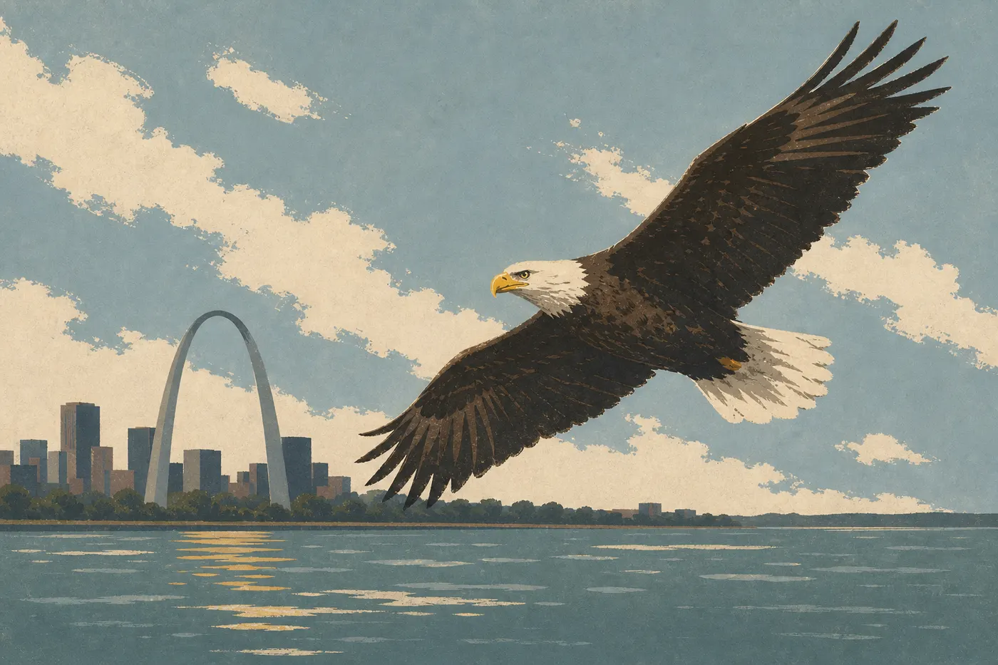 Illustration sérigraphiée : Aigle chauve en vol au-dessus du Mississippi avec la Gateway Arch et Saint-Louis en arrière-plan.