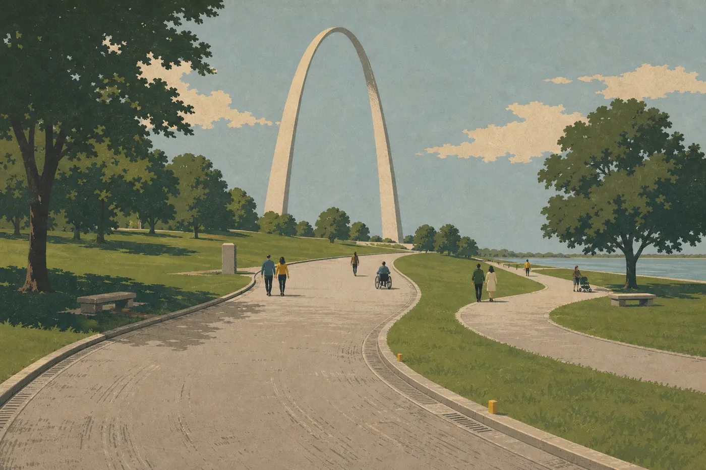 Illustration sérigraphiée : Allées pavées sinueuses des Arch Grounds reliant l'entrée, les bassins et le front du Mississippi.