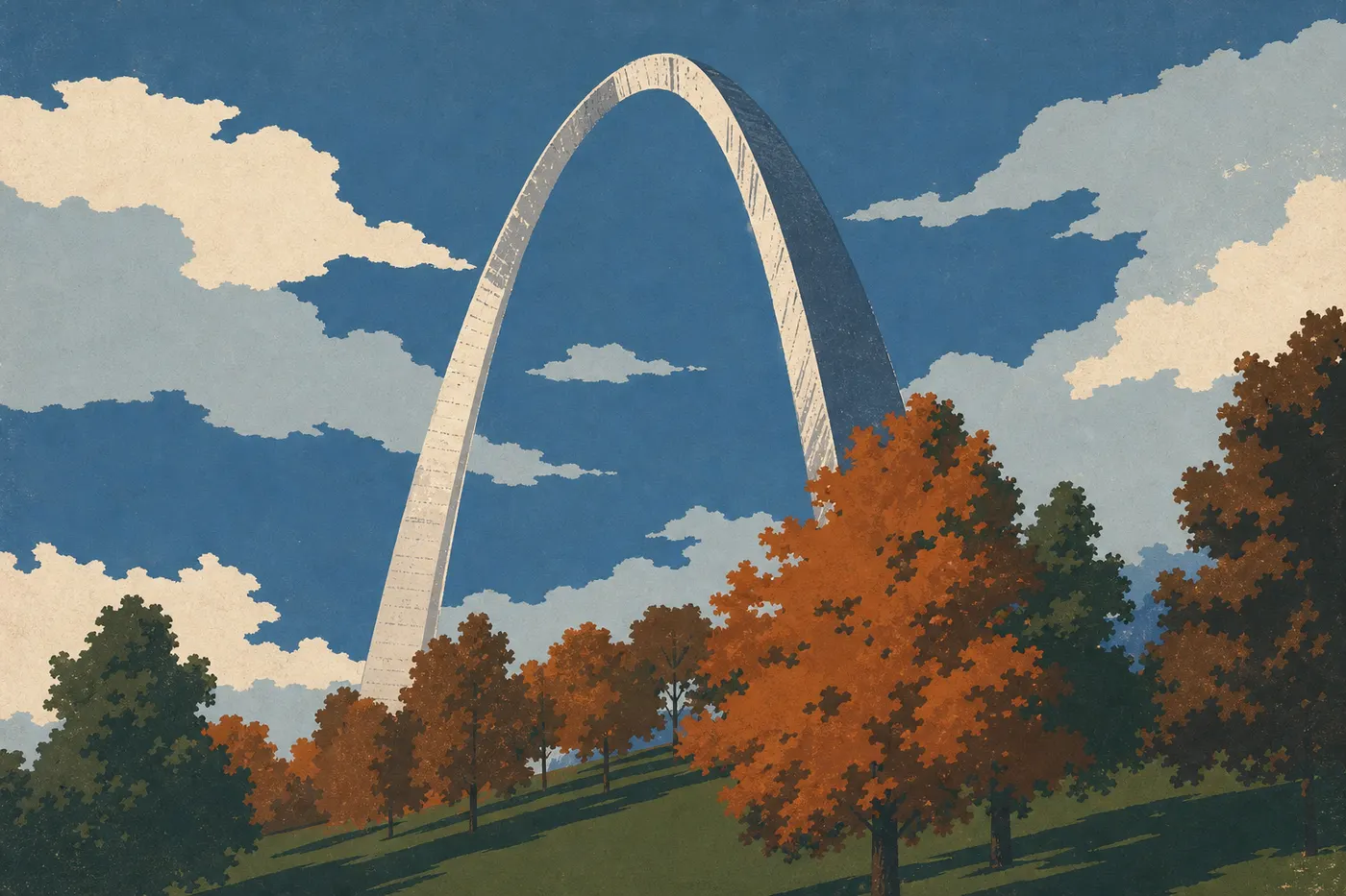 Screen-printed illustration: Silver arch rising above the golden and russet foliage of the Arch Grounds in autumn.