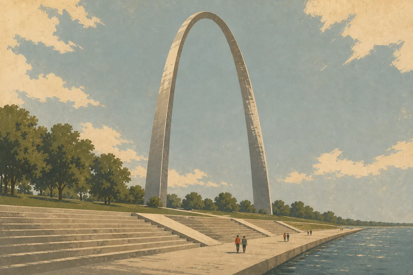 Illustration sérigraphiée : Gateway Arch dominant la promenade aménagée et les grands emmarchements au bord du Mississippi.