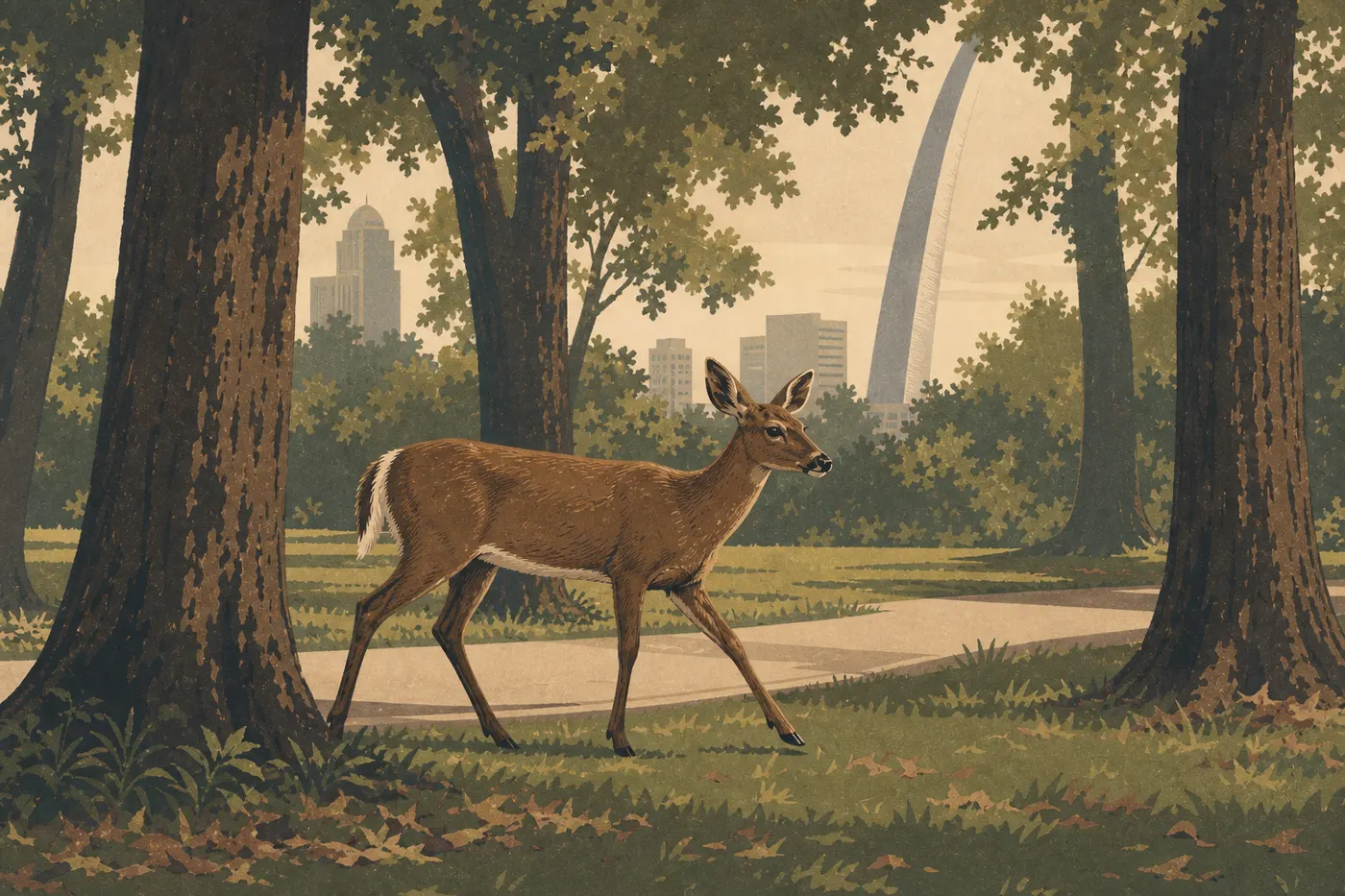 Illustration sérigraphiée : Cerf de Virginie traversant une zone arborée des Arch Grounds dans la lumière matinale.