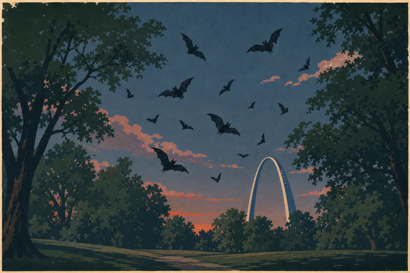 Illustration sérigraphiée : Silhouettes de chauves-souris volant au crépuscule autour des arbres des Gateway Arch Grounds.