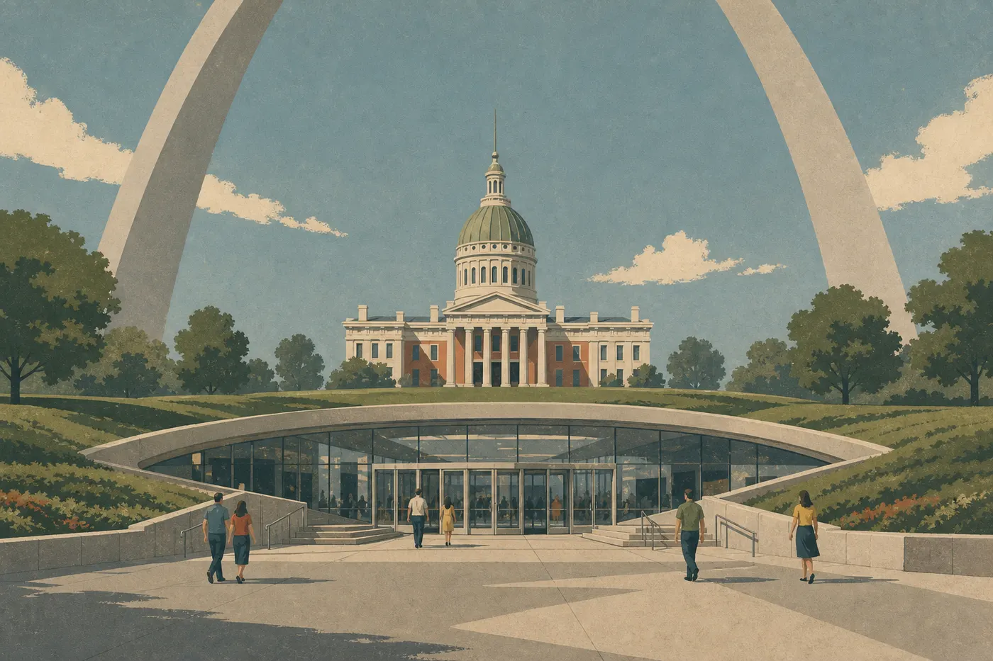 Illustration sérigraphiée : Entrée ouest vitrée du Visitor Center cadrée face à l'Old Courthouse sous la courbe de l'arche.