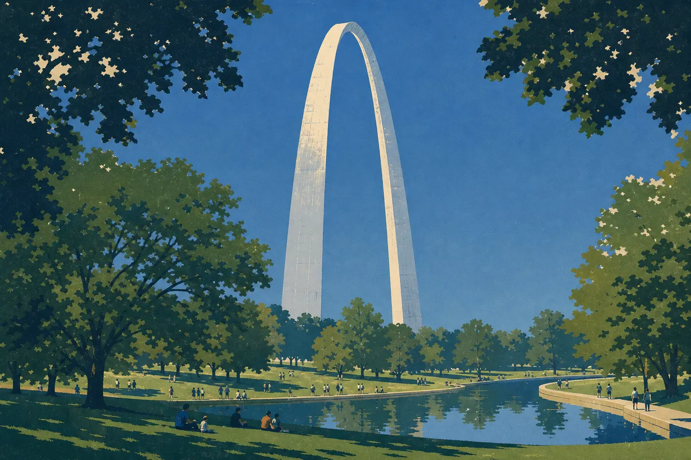 Screen-printed illustration: Gateway Arch beneath a blue summer sky, with visitors and lively lawns across the grounds.