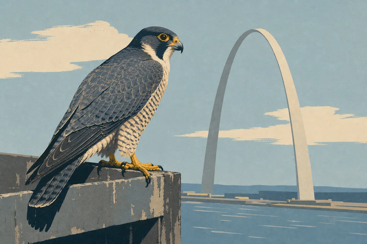 Illustration sérigraphiée : Faucon pèlerin perché sur une structure élevée du front fluvial près de la Gateway Arch.