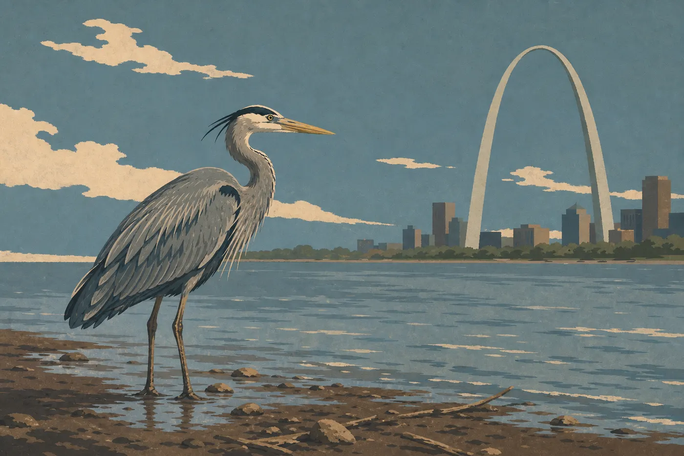 Illustration sérigraphiée : Grand héron bleu immobile sur la rive du Mississippi devant le paysage urbain de Gateway Arch.