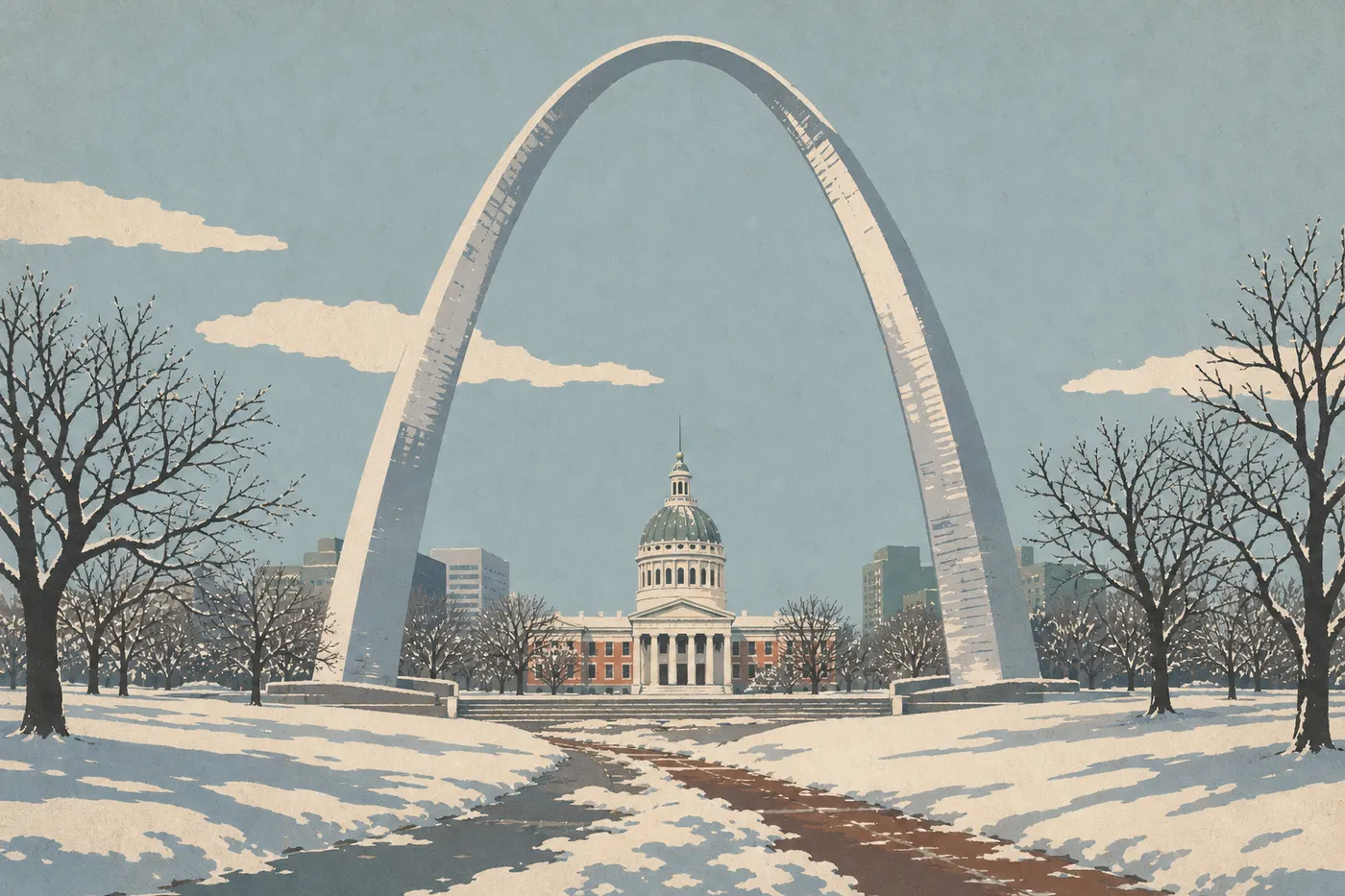 Screen-printed illustration: Gateway Arch and Old Courthouse after a snowfall, in cold winter light.