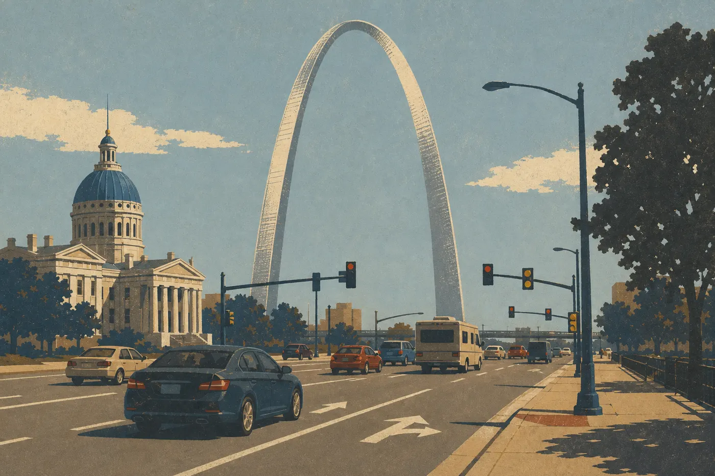 Illustration sérigraphiée : Gateway Arch vue depuis Memorial Drive avec la circulation urbaine et l'Old Courthouse dans le même axe.