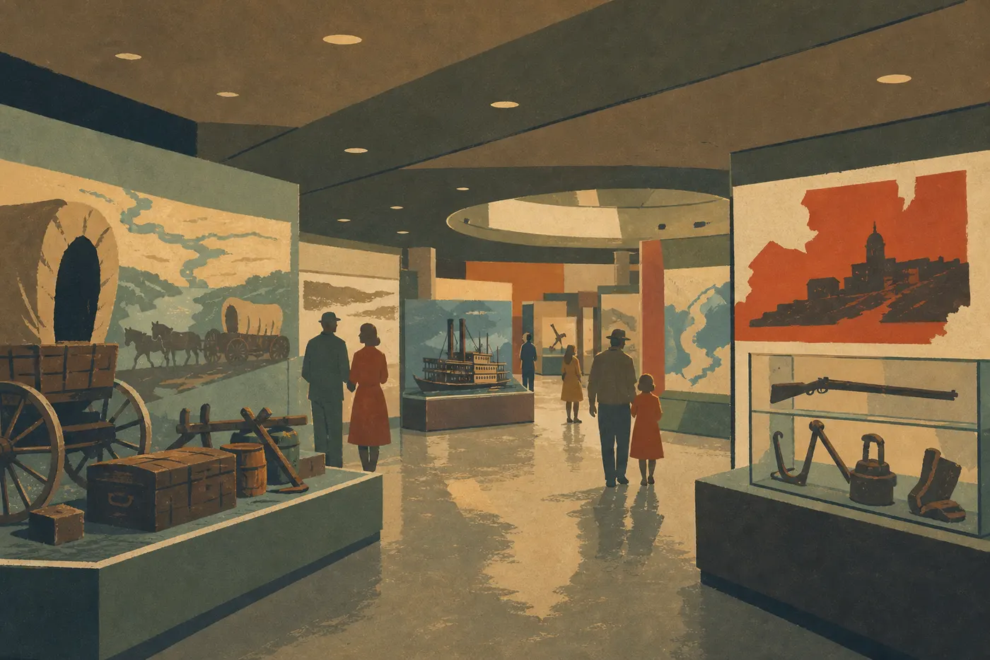 Illustration sérigraphiée : Galerie souterraine du Museum at the Gateway Arch avec ses objets et panneaux sur la conquête de l'Ouest.