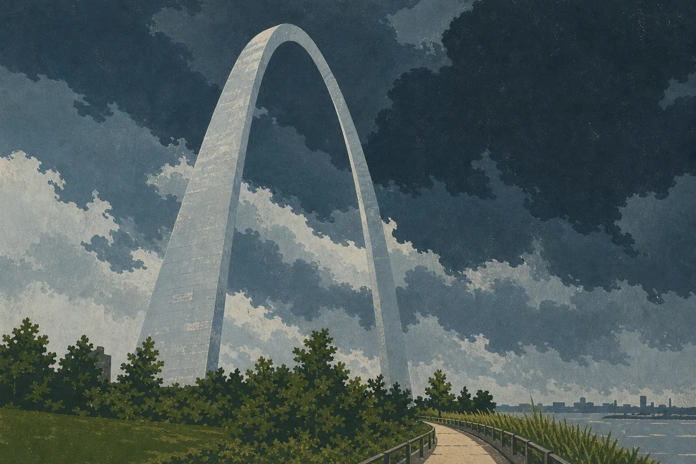 Illustration sérigraphiée : Gateway Arch brillante devant de sombres nuages d'orage accumulés au-dessus du Mississippi.