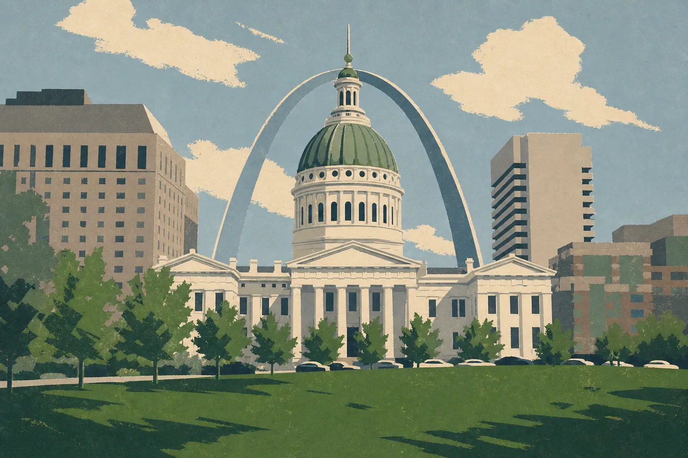 Screen-printed illustration: Facade and green dome of the Old Courthouse aligned with the Gateway Arch.