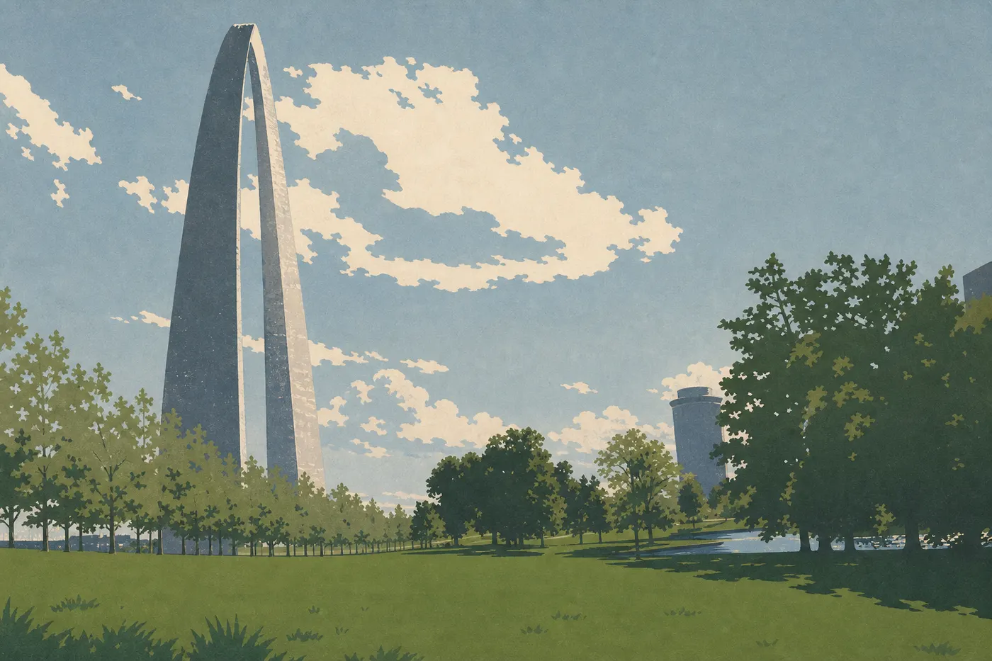 Illustration sérigraphiée : Vastes pelouses des Arch Grounds sous l'arche, motif urbain réel illustrant l'absence de terrain de camping.