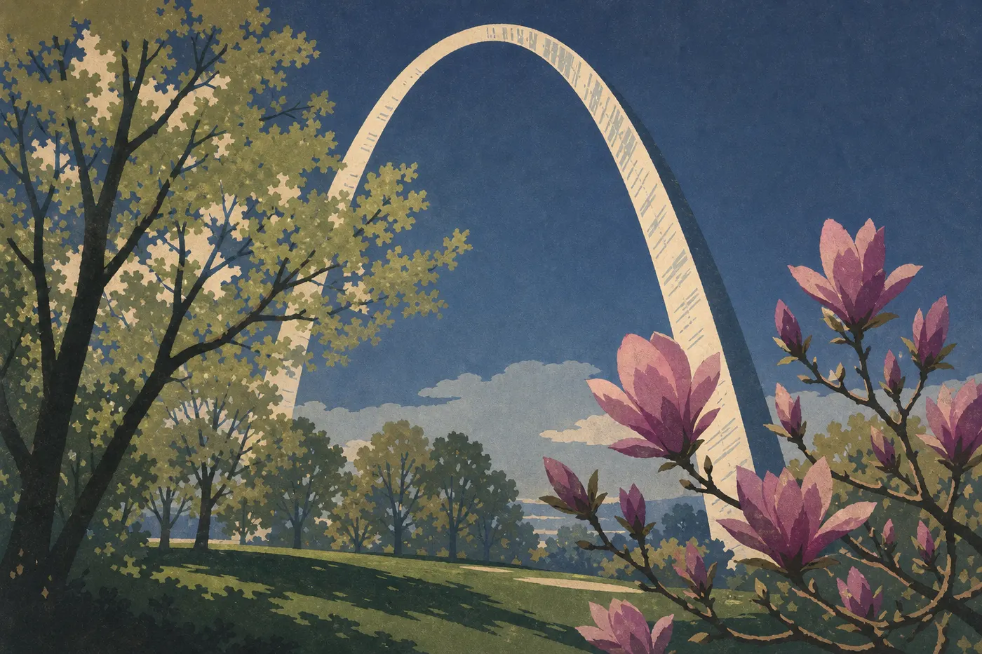 Illustration sérigraphiée : Gateway Arch encadrée par les arbres en fleurs et les pelouses vert tendre des Arch Grounds.