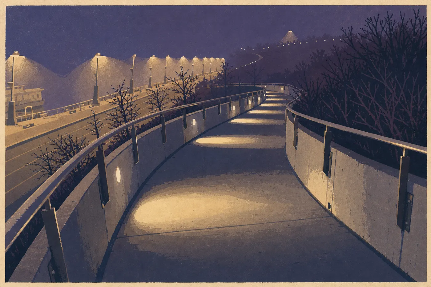 Illustration sérigraphiée : Promenade piétonne longeant directement le Mississippi au pied de la Gateway Arch et du Grand Staircase.