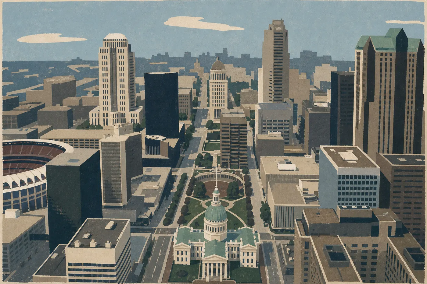Illustration sérigraphiée : Panorama du centre-ville de Saint-Louis observé à travers les fenêtres étroites du sommet de l'arche.