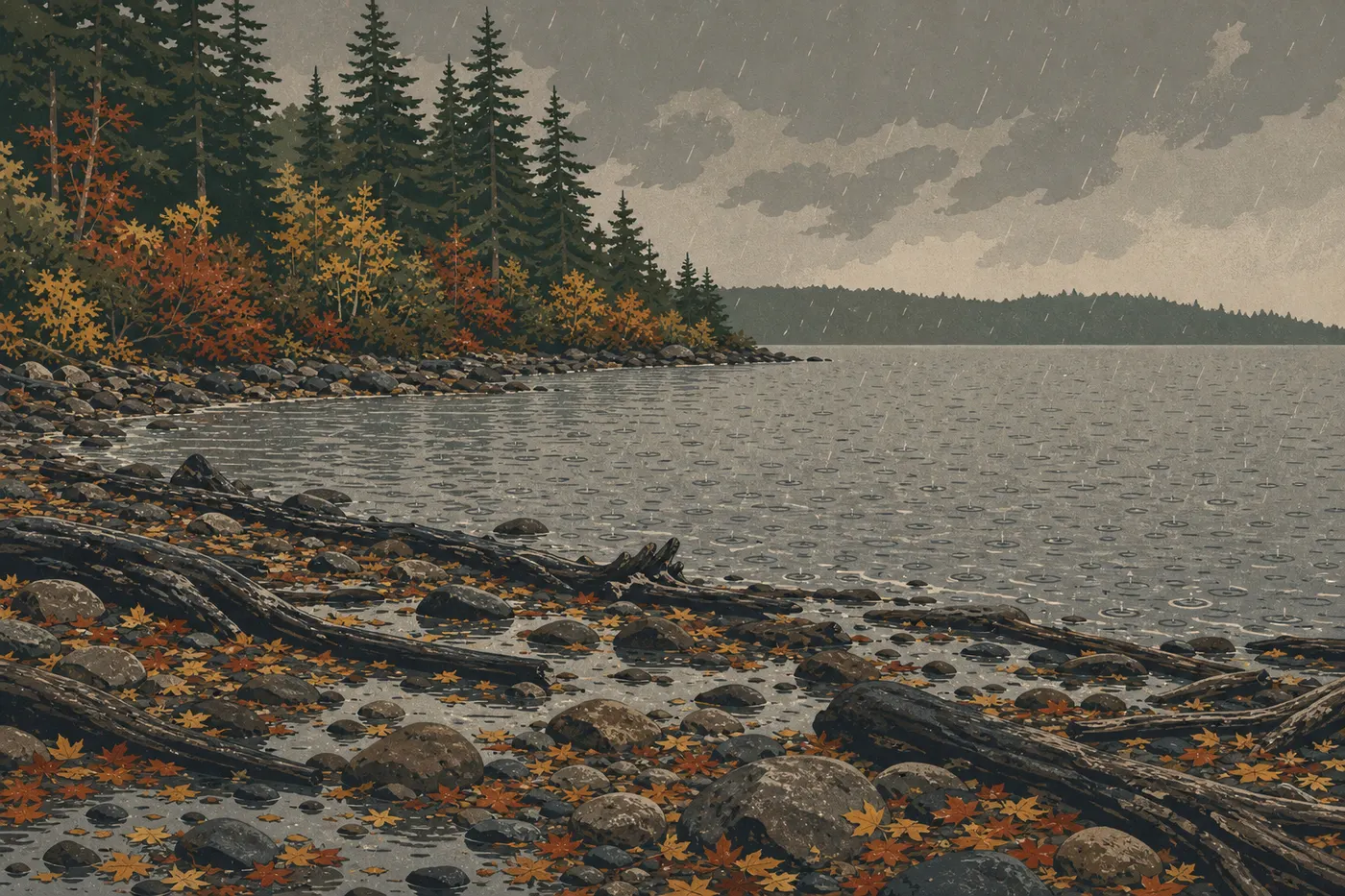 Screen-printed illustration: The shore of Bartlett Cove in autumn rain, dotted with yellow and russet foliage.