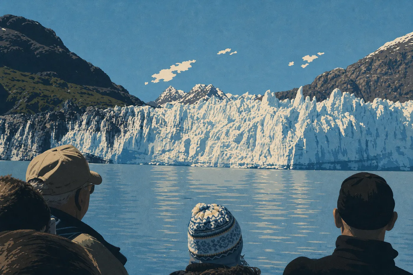 Screen-printed illustration: Margerie Glacier in the summer sun, with visitors gathered on the boat deck.