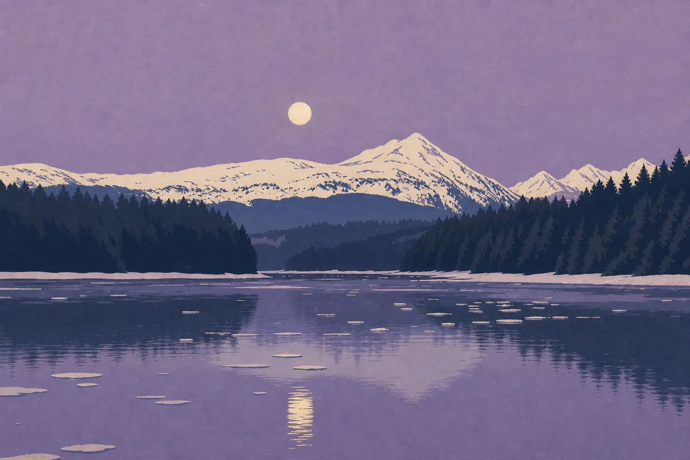 Screen-printed illustration: Silent Bartlett Cove beneath winter snow, with a frozen shore and snow-laden conifers