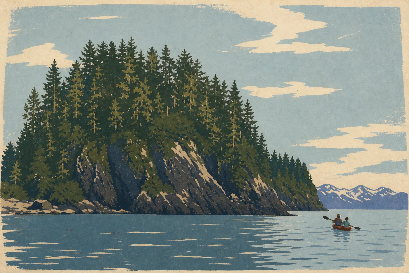 Illustration sérigraphiée : Deux kayakistes avançant sur les eaux silencieuses de Muir Inlet devant les montagnes englacées