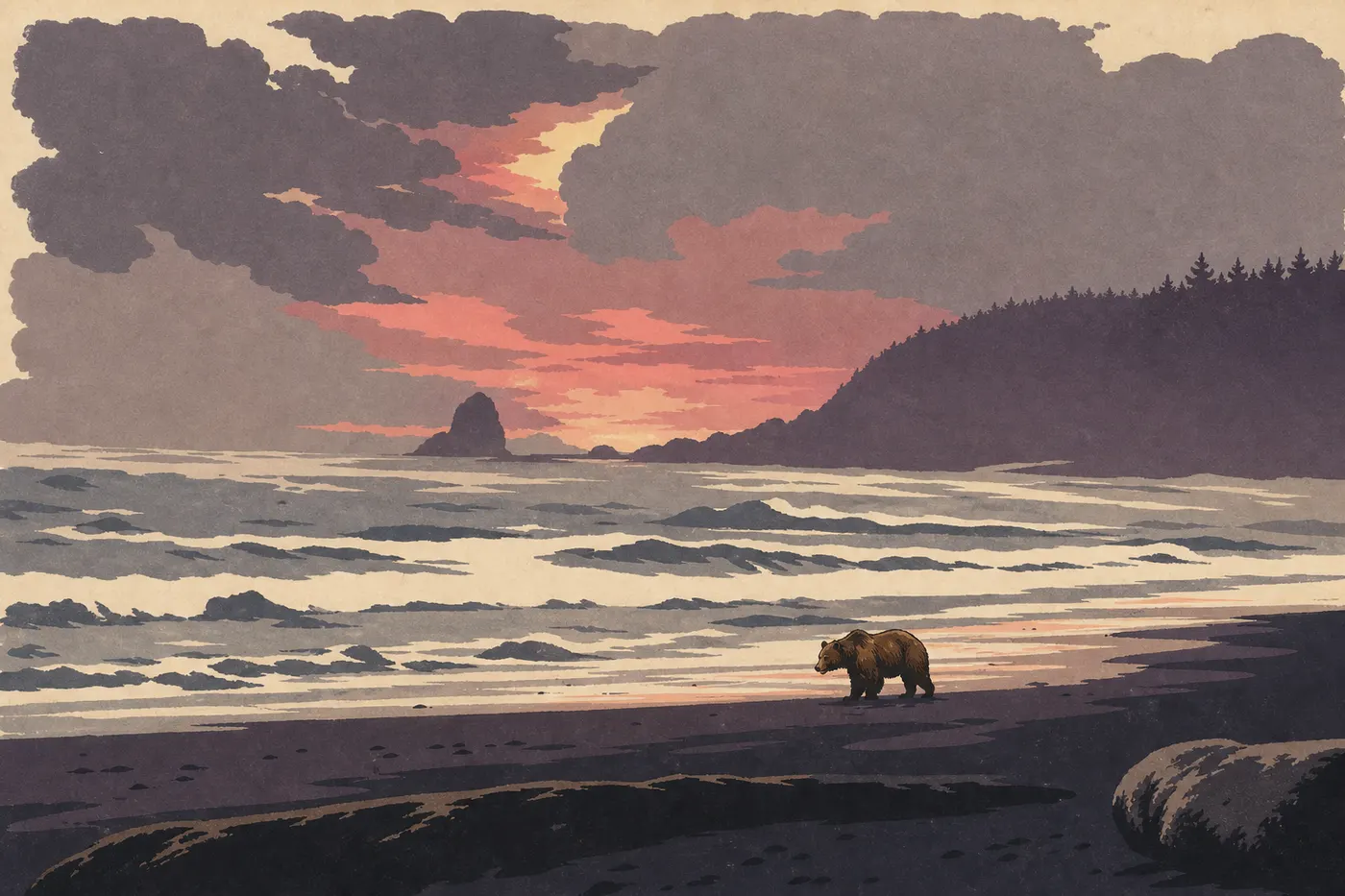 Illustration sérigraphiée : Un ours brun fouillant l’estran de Glacier Bay à marée basse devant la forêt dense