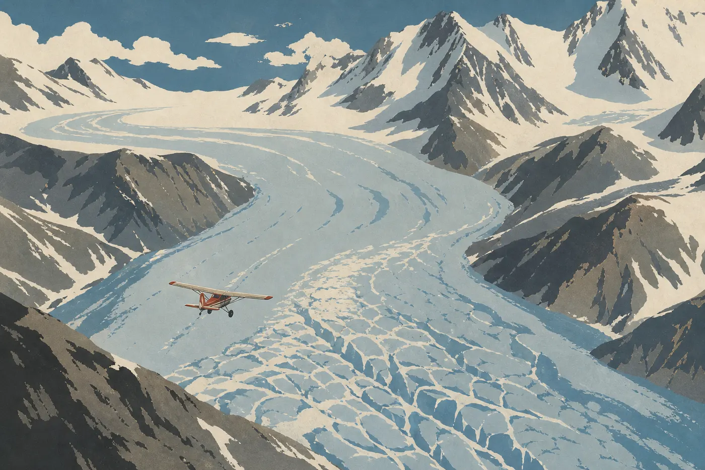 Illustration sérigraphiée : Un petit avion survolant les glaciers crevassés et les sommets enneigés de la Fairweather Range