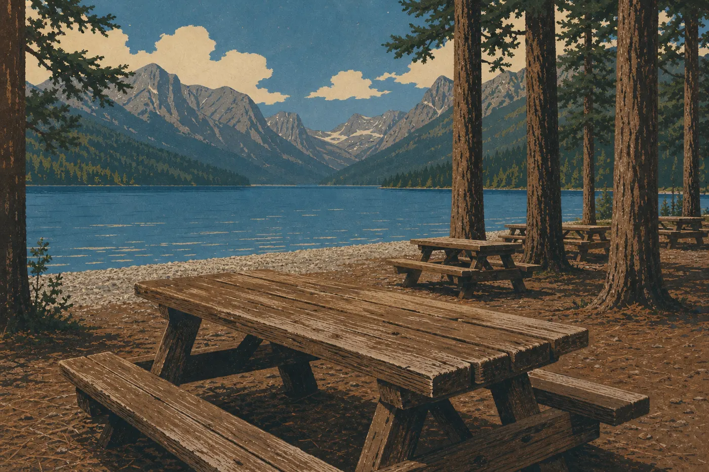 Illustration sérigraphiée : Tables de pique-nique d’Apgar au bord de Lake McDonald face aux sommets du Continental Divide.