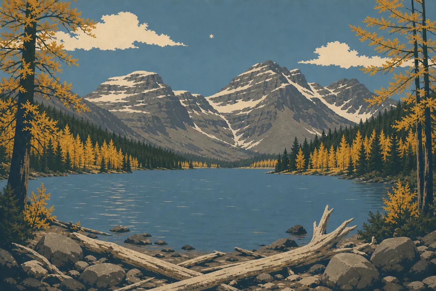 Screen-printed illustration: Golden larches and the season’s first snow frame Two Medicine Lake in clear fall light.