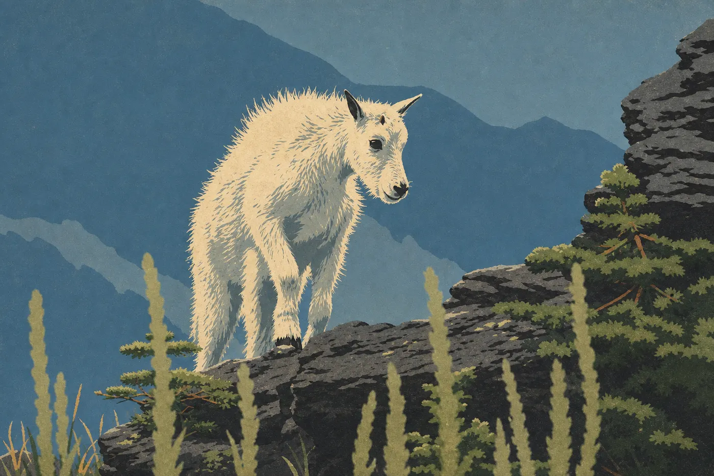 Illustration sérigraphiée : Chèvre des Rocheuses debout sur une corniche alpine près de Logan Pass et du Continental Divide.