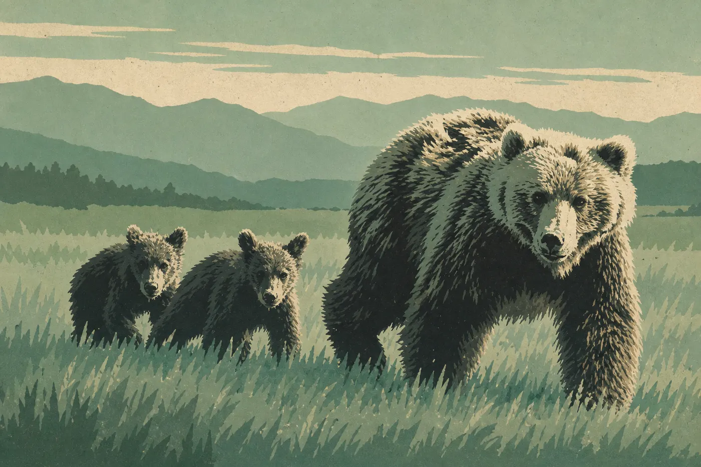 Illustration sérigraphiée : Grizzli traversant une prairie de graminées et d’arbustes dans la vallée ouverte de Many Glacier.
