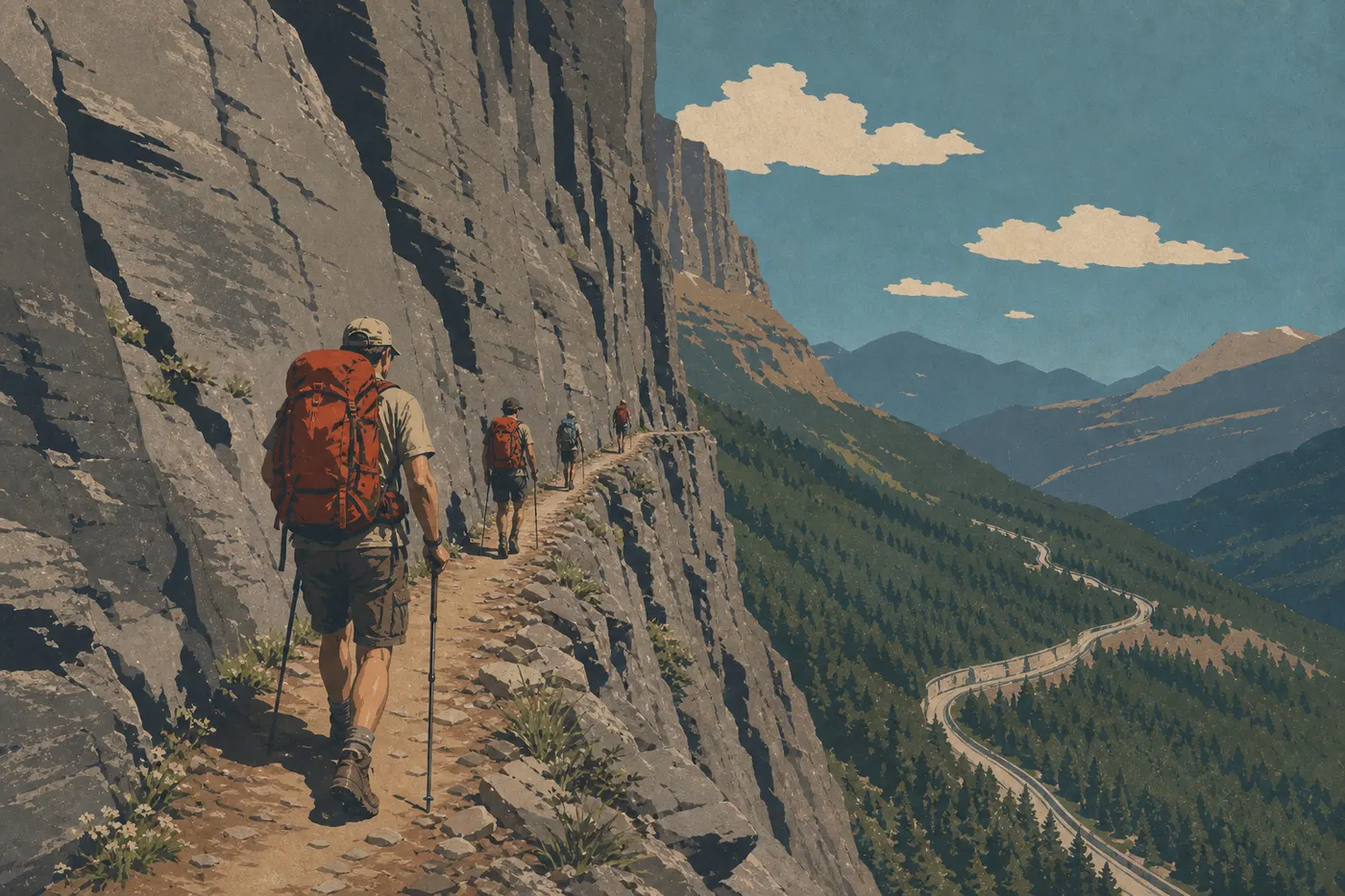 Illustration sérigraphiée : Randonneurs sur l’étroite Highline Trail dominant la Going-to-the-Sun Road le long du Garden Wall.