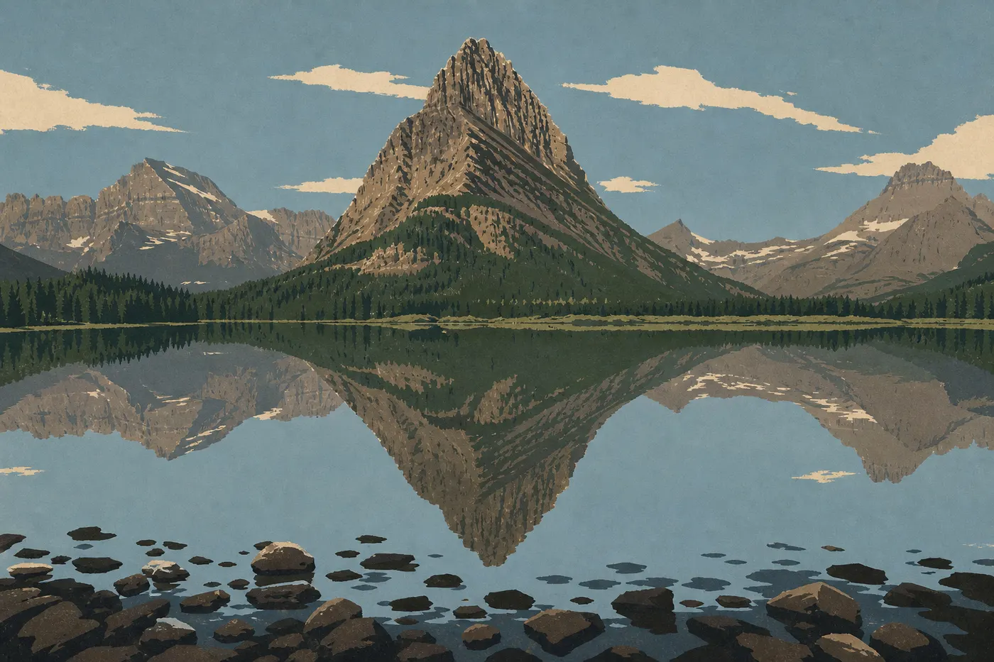 Screen-printed illustration: Swiftcurrent Lake reflecting Grinnell Point and the steep peaks of Many Glacier Valley.