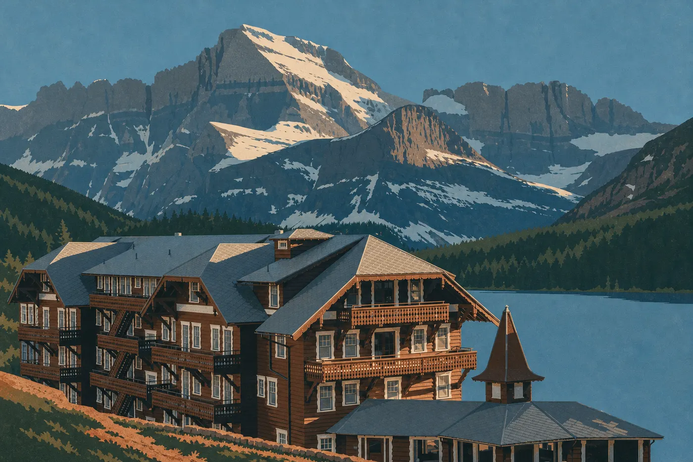 Illustration sérigraphiée : Façade du Many Glacier Hotel au bord de Swiftcurrent Lake devant les sommets de Grinnell Point.