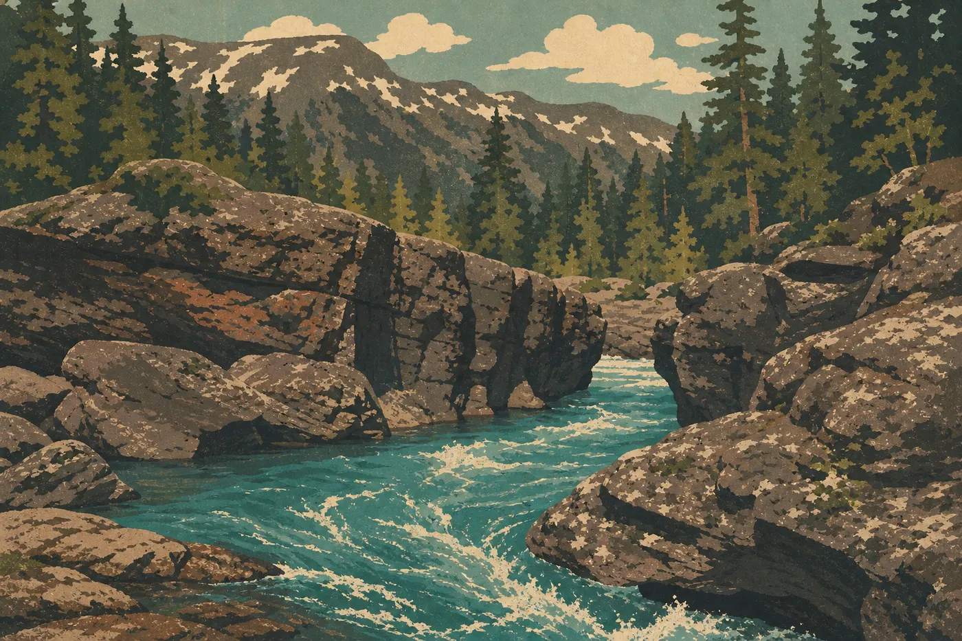 Screen-printed illustration: McDonald Creek, swollen by spring melt, winds between rocks, conifers, and still-snowy banks.