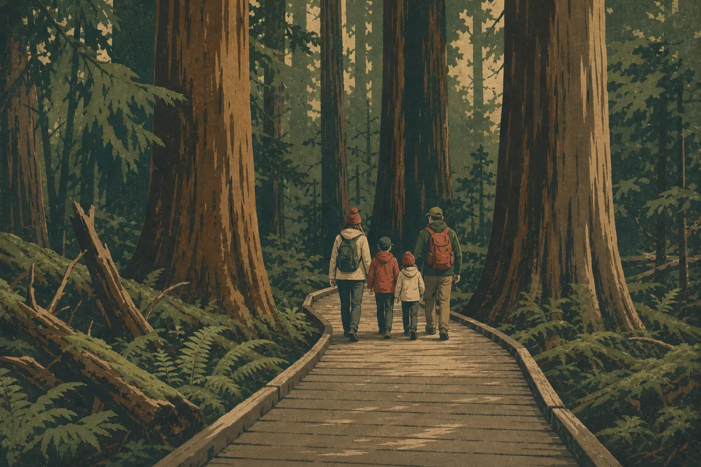 Illustration sérigraphiée : Famille progressant sur la passerelle accessible du Trail of the Cedars parmi les arbres anciens.