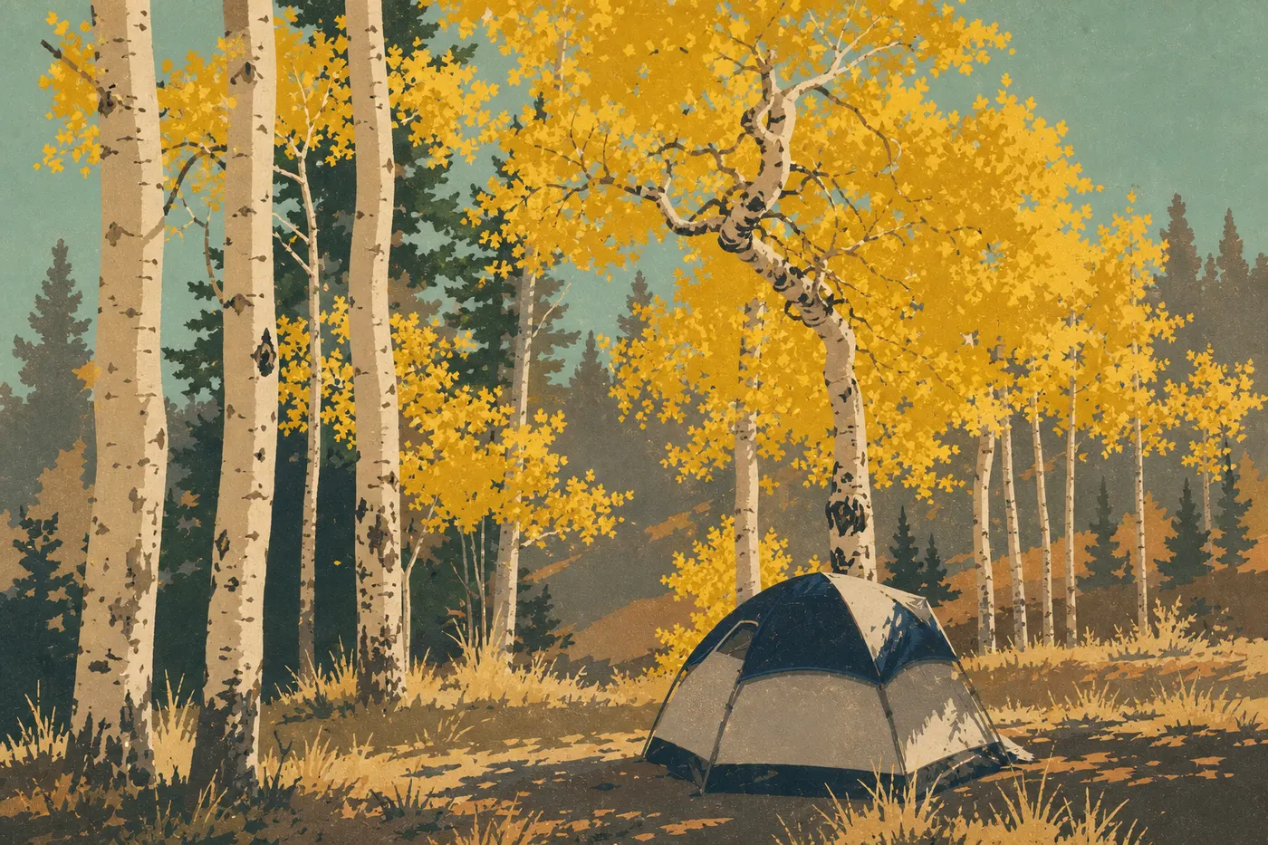 Screen-printed illustration: Golden aspens brighten the North Rim forest beneath a clear autumn sky.