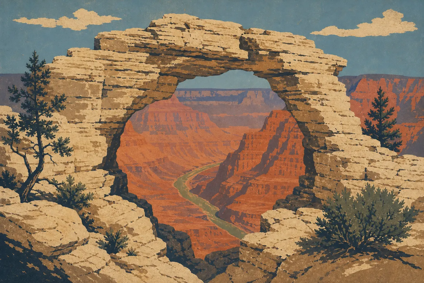 Illustration sérigraphiée : Angels Window encadre le canyon tandis que le Colorado décrit une large courbe sous Cape Royal.