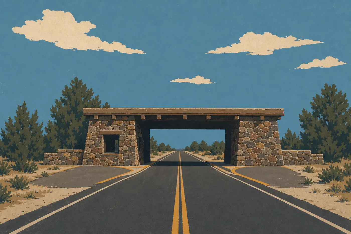 Illustration sérigraphiée : La route Arizona 64 traverse la porte de pierre de la Desert View Entrance Station.
